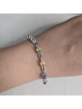 Sterling Silver Multi Gemstone Bracelet Amethyst Garnet Peridot 925 Rainbow Link